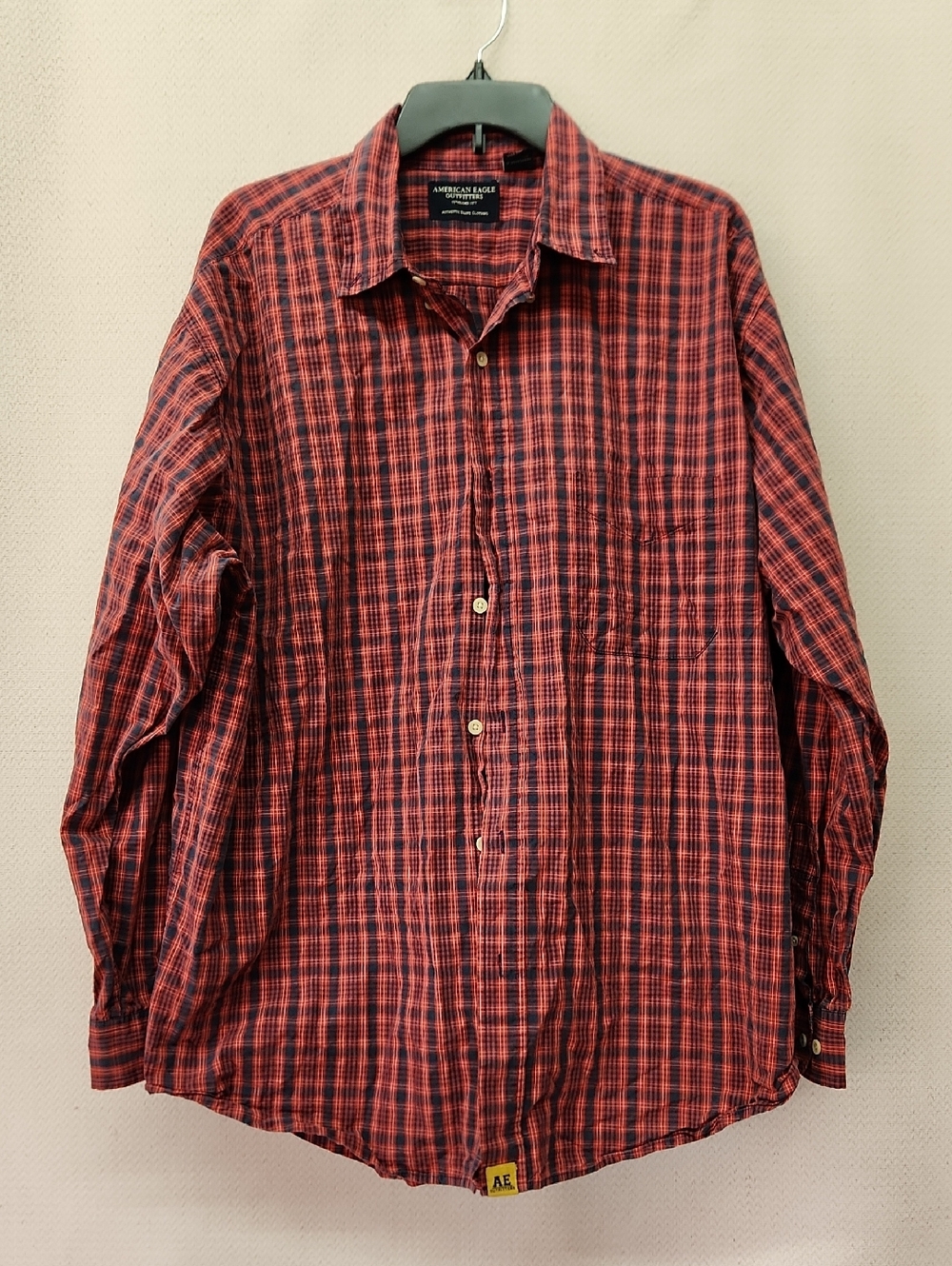 American Eagle Outfitters Red and Black Plaid Button-Down Shirt